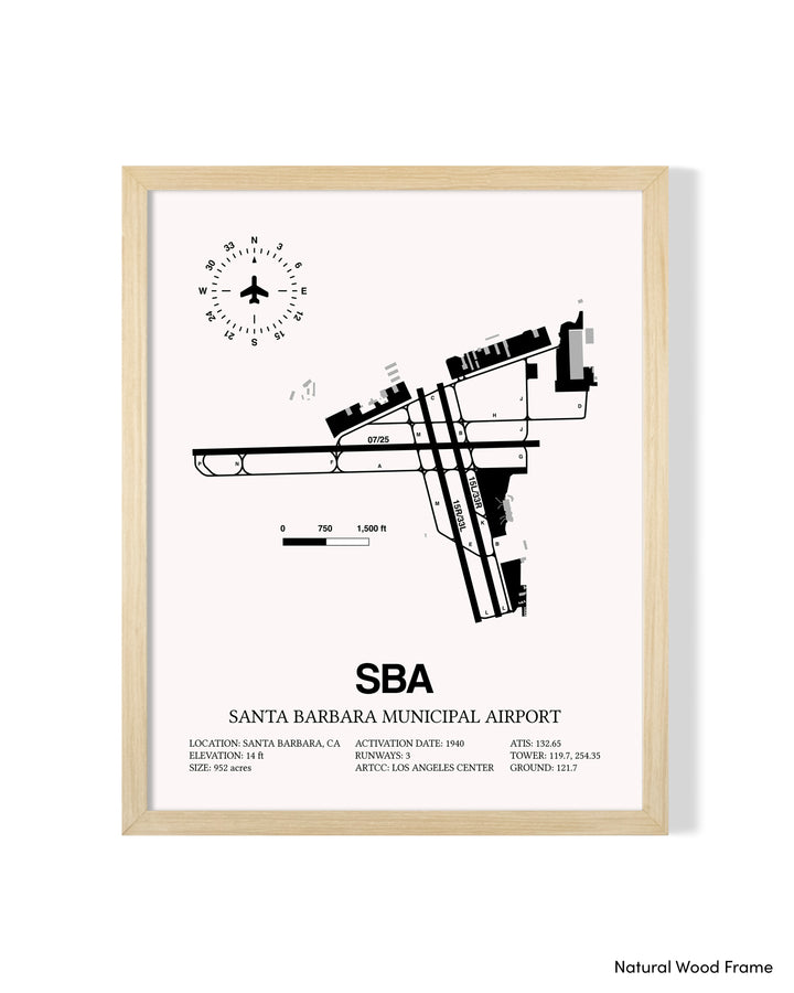 Detailed Airport Map of Santa Barbara Municipal Airport (SBA) in White with a Natural Frame
