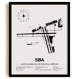 Framed Detailed Airport Map of Santa Barbara Municipal Airport (SBA) in White with a Black Frame