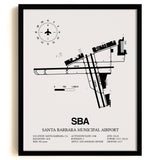 Framed Detailed Airport Map of Santa Barbara Municipal Airport (SBA) in White with a Black Frame