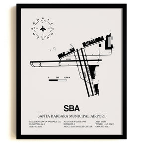 Framed Detailed Airport Map of Santa Barbara Municipal Airport (SBA) in White with a Black Frame