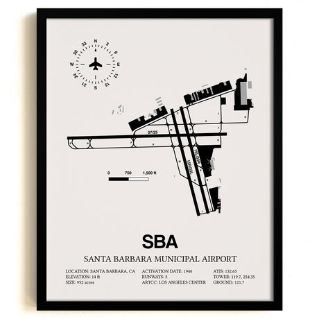 Framed Detailed Airport Map of Santa Barbara Municipal Airport (SBA) in White with a Black Frame