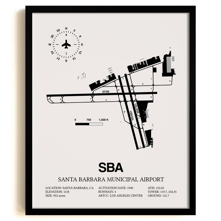 Framed Detailed Airport Map of Santa Barbara Municipal Airport (SBA) in White with a Black Frame