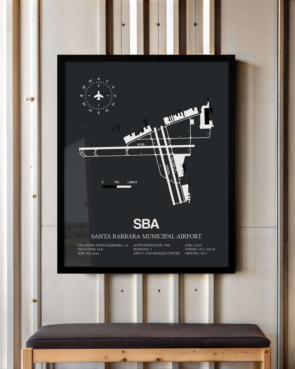 Framed Detailed Airport Map of Santa Barbara Municipal Airport (SBA) in Gray with a Black Frame