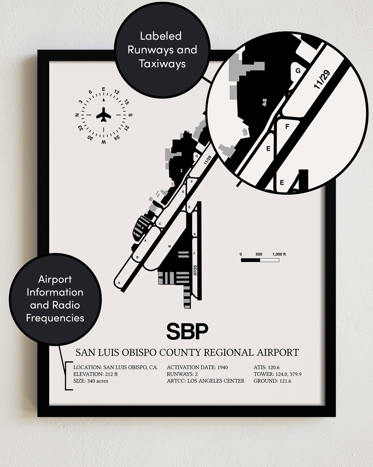 Framed Detailed Airport Map of San Luis County Regional Airport (SBP) in White with a Black Frame