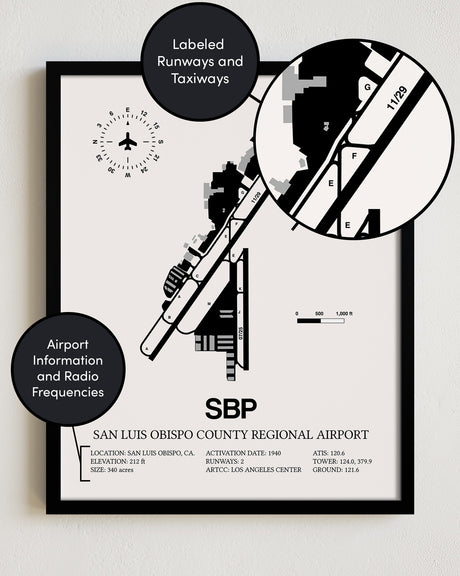 Framed Detailed Airport Map of San Luis County Regional Airport (SBP) in White with a Black Frame