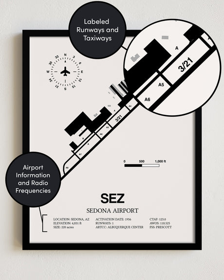 Framed Detailed Airport Map of Sedona Airport (SEZ) in White with a Black Frame