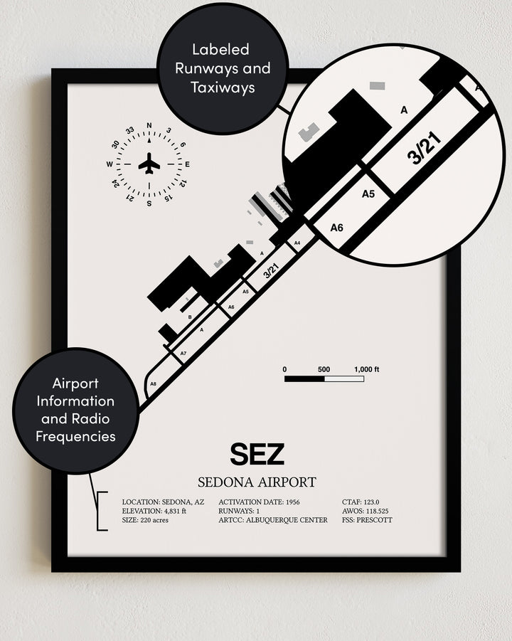 Framed Detailed Airport Map of Sedona Airport (SEZ) in White with a Black Frame