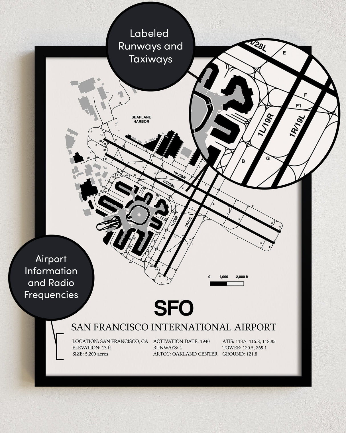 Framed Detailed Airport Map of San Francisco International Airport (SFO) in White with a Black Frame