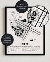 Framed Detailed Airport Map of San Francisco International Airport (SFO) in White with a Black Frame