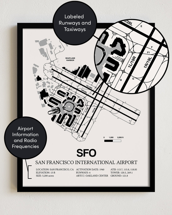 Framed Detailed Airport Map of San Francisco International Airport (SFO) in White with a Black Frame
