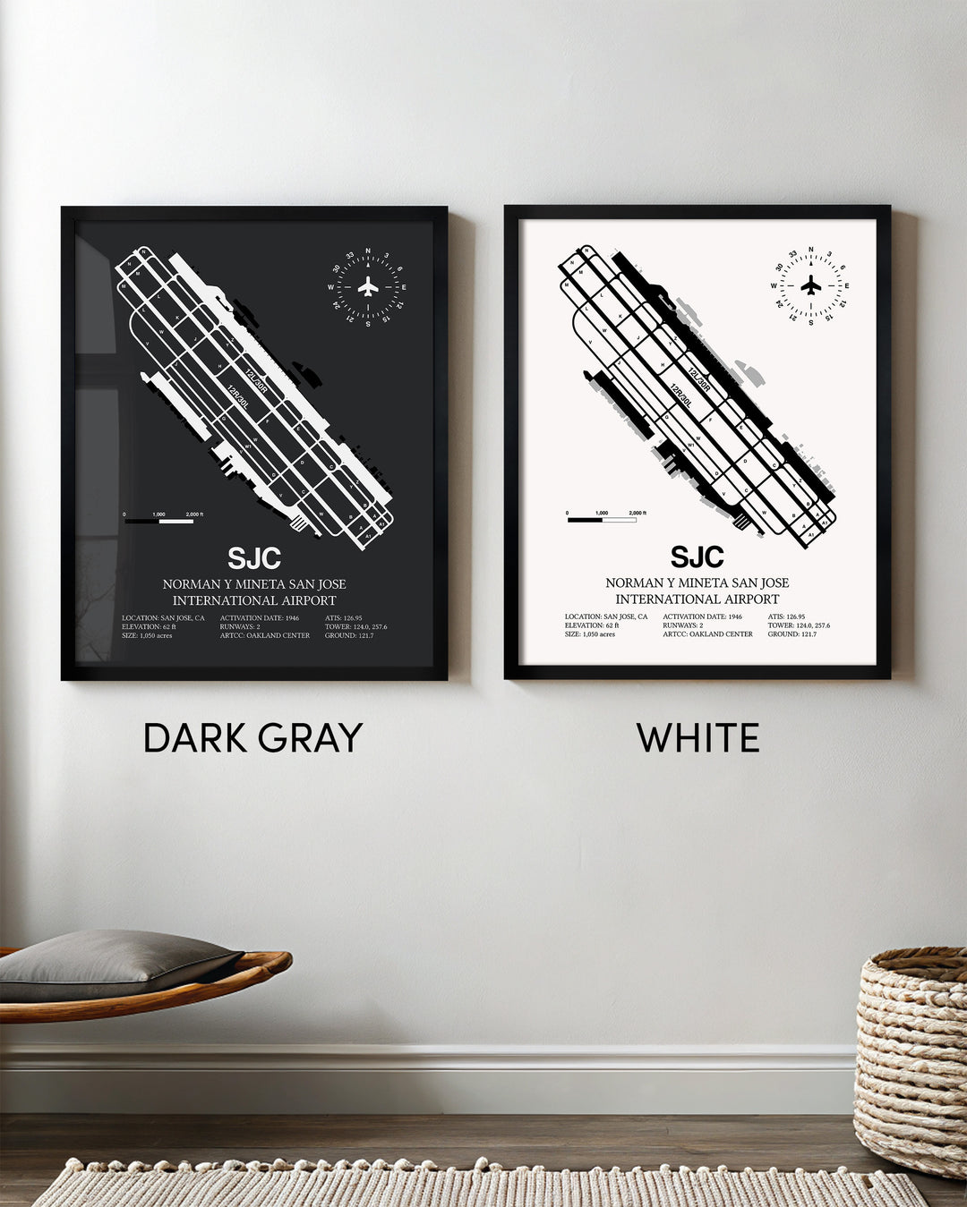 Framed Detailed Airport Map of Norman Y. Mineta San Jose International Airport (SJC) in White and Gray
