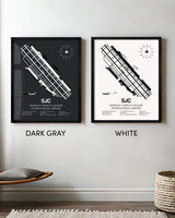 Framed Detailed Airport Map of Norman Y. Mineta San Jose International Airport (SJC) in White and Gray