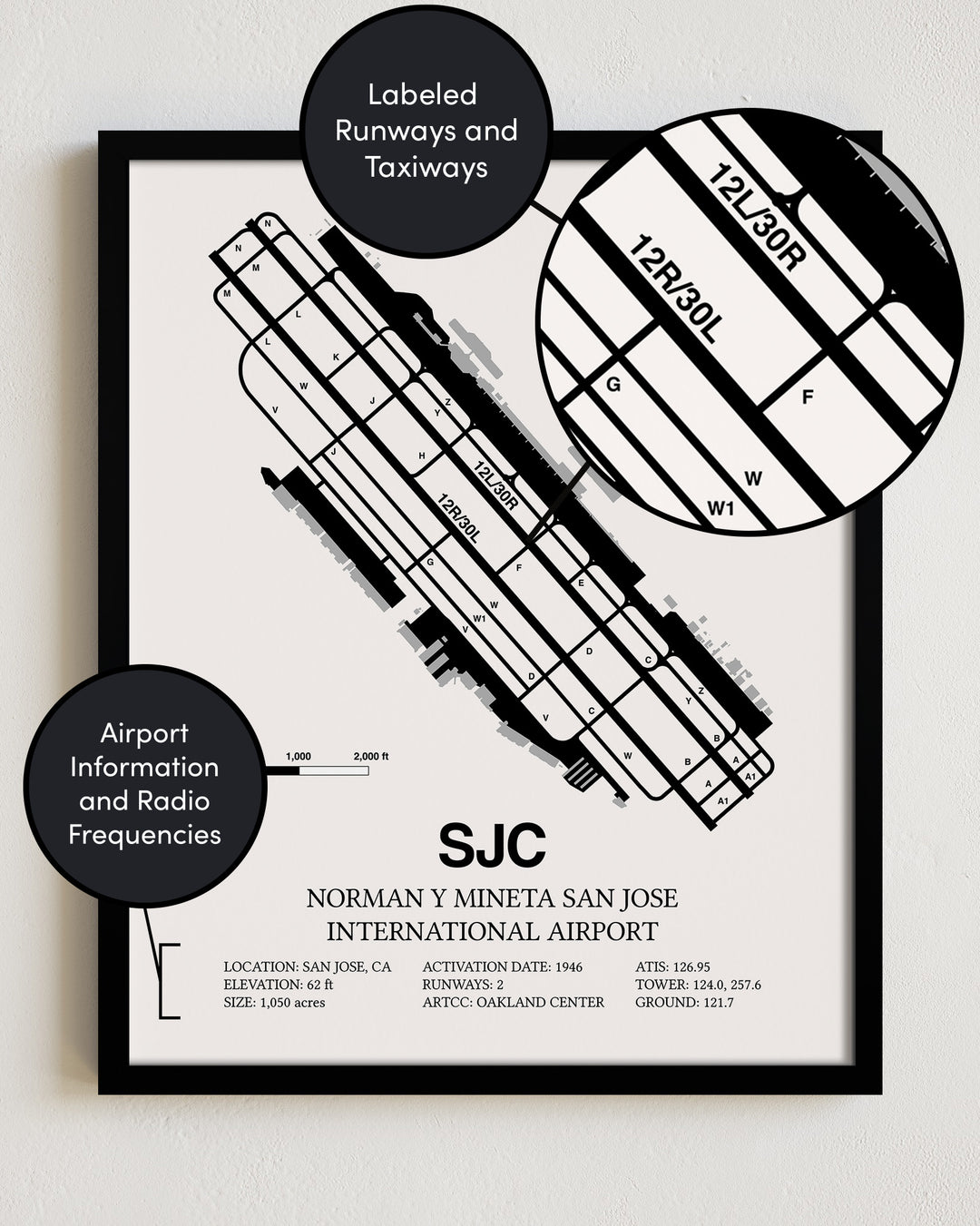 Framed Detailed Airport Map of Norman Y. Mineta San Jose International Airport (SJC) in White with a Black Frame