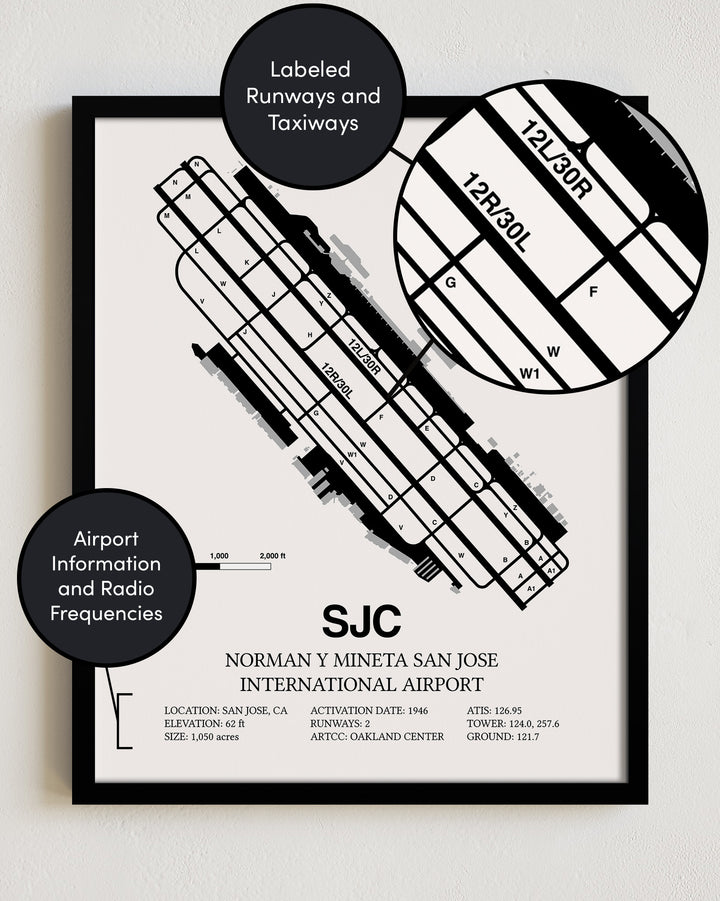 Framed Detailed Airport Map of Norman Y. Mineta San Jose International Airport (SJC) in White with a Black Frame