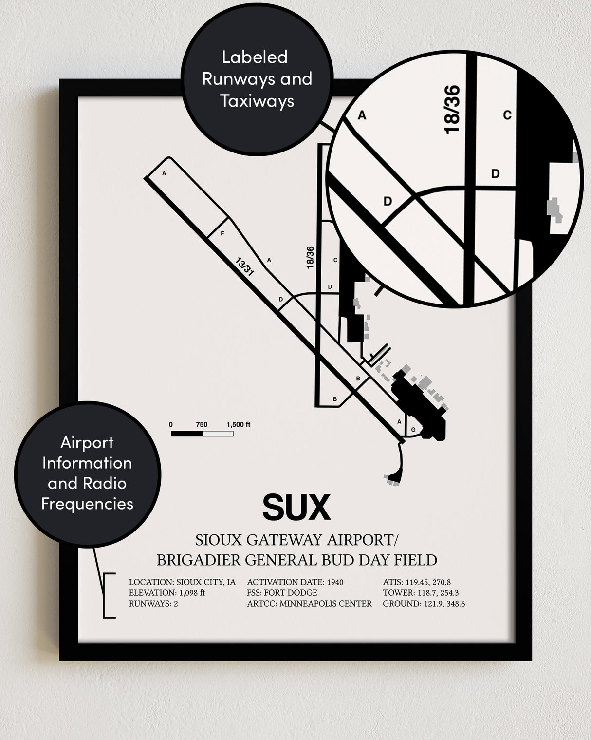 Framed Detailed Airport Map of Sioux Gateway Airport / Brigadier General Bud Day Field (SUX) in White with a Black Frame