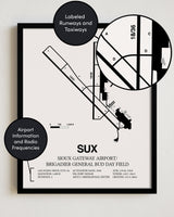 Framed Detailed Airport Map of Sioux Gateway Airport / Brigadier General Bud Day Field (SUX) in White with a Black Frame