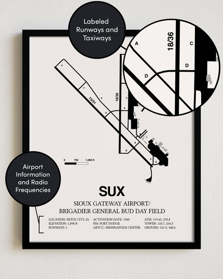 Framed Detailed Airport Map of Sioux Gateway Airport / Brigadier General Bud Day Field (SUX) in White with a Black Frame