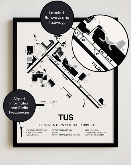 Framed Detailed Airport Map of Tucson International Airport (TUS) in White with a Black Frame
