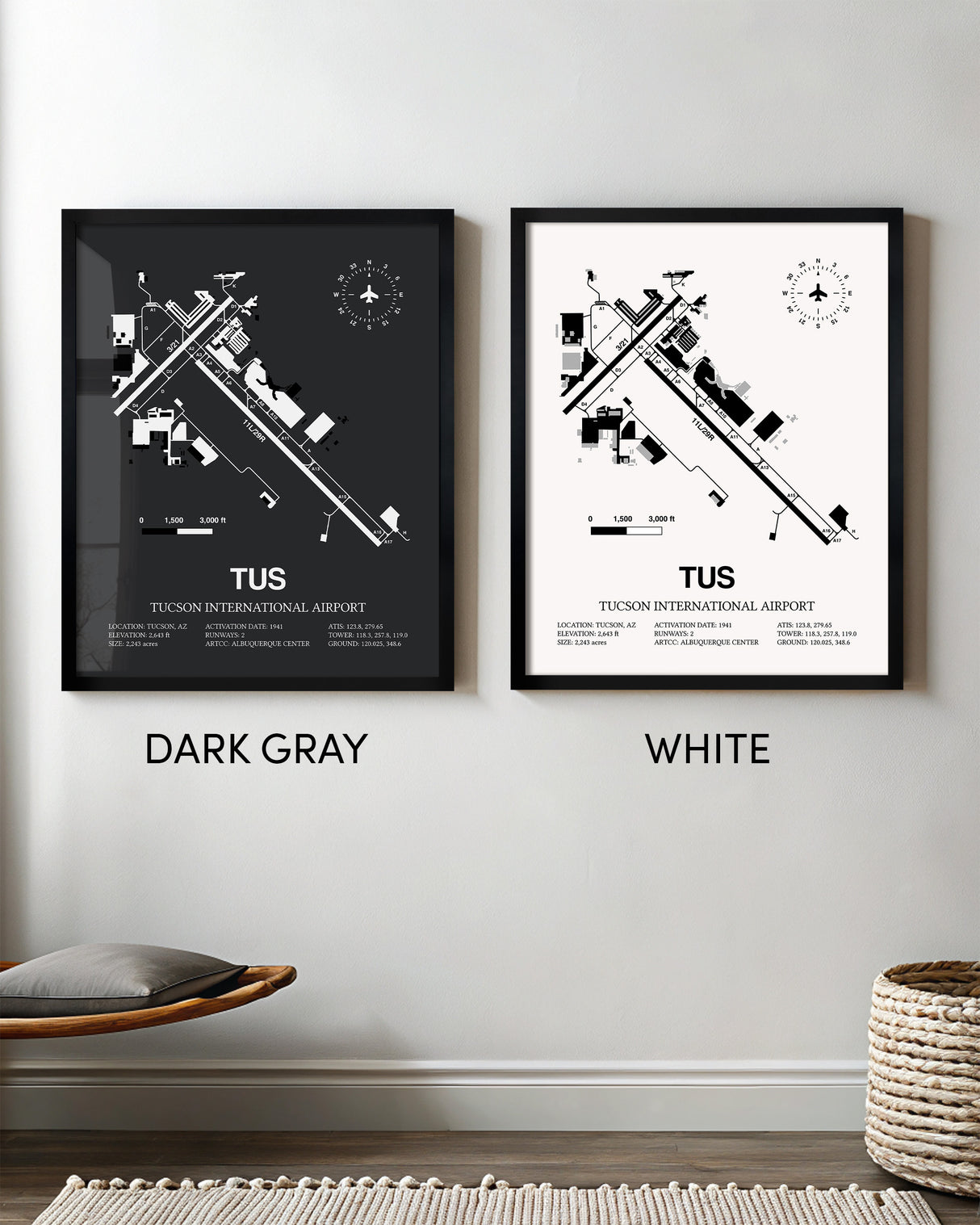 Framed Detailed Airport Map of Tucson International Airport (TUS) in White and Gray