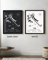 Framed Detailed Airport Map of Tucson International Airport (TUS) in White and Gray
