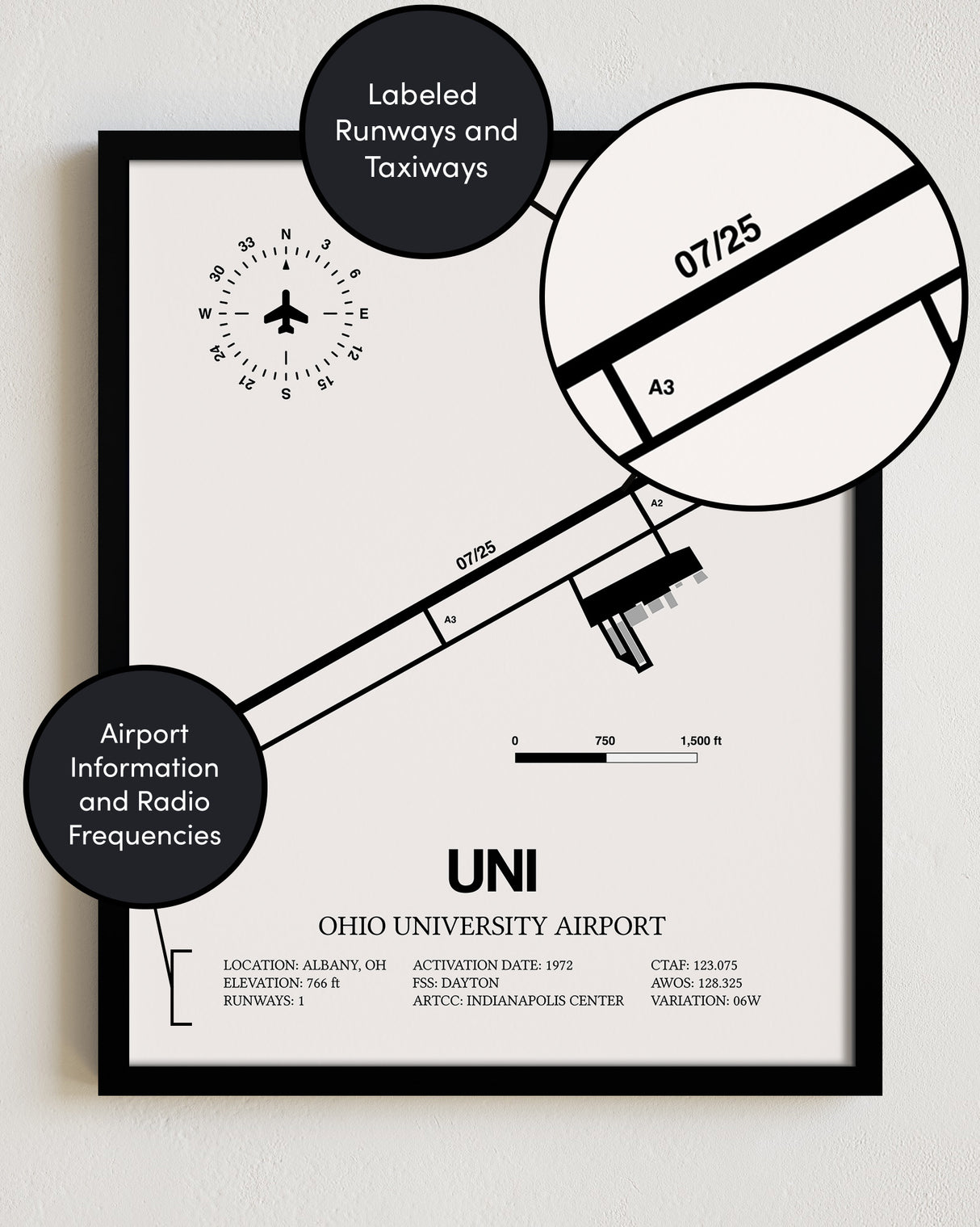 Framed Detailed Airport Map of Ohio University Airport (UNI) in White with a Black Frame