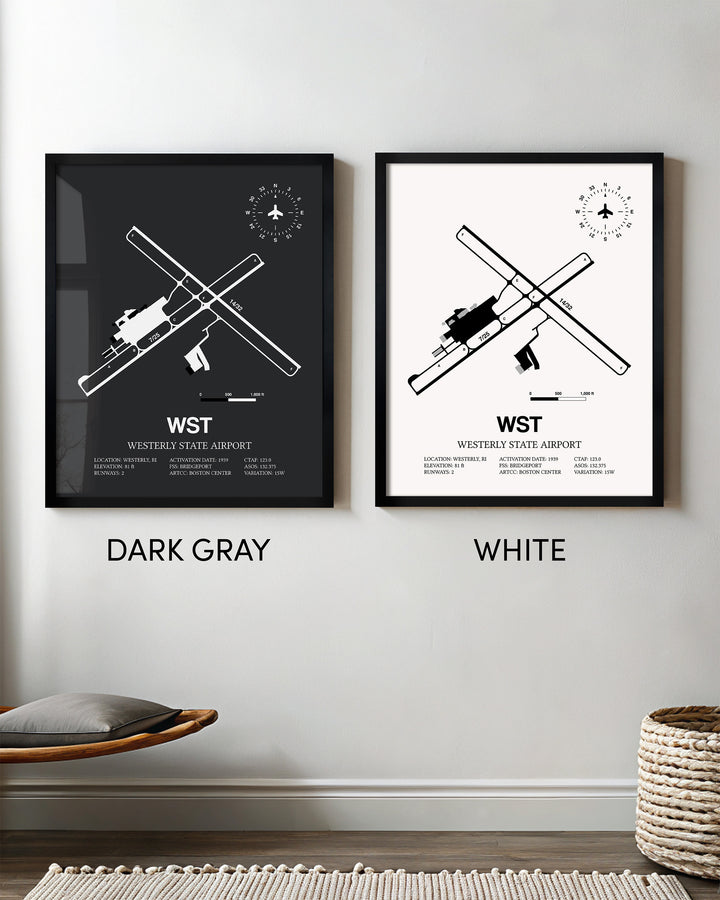 Framed Detailed Airport Map of Westerly State Airport (WST) in White and Gray