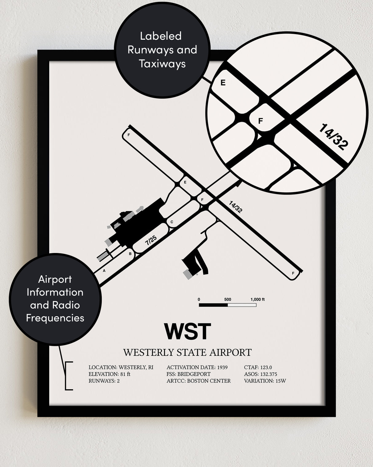 Framed Detailed Airport Map of Westerly State Airport (WST) in White with a Black Frame