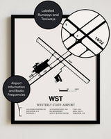 Framed Detailed Airport Map of Westerly State Airport (WST) in White with a Black Frame